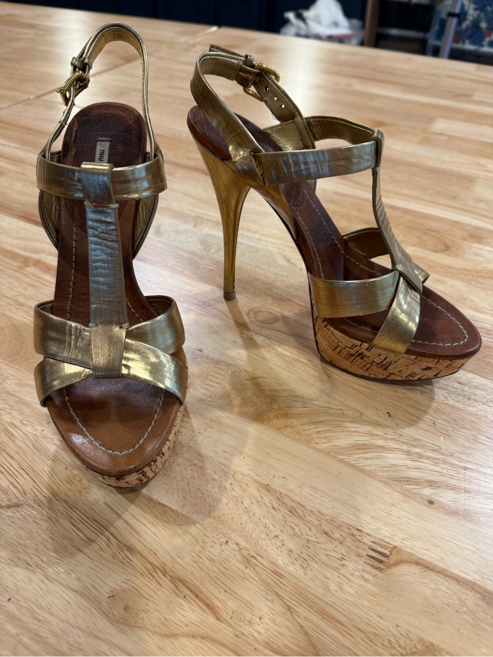 Miu Miu Metallic Gold Cork Platform T-Strap Heels